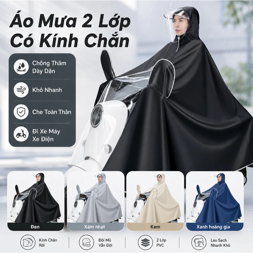 Áo Mưa 2 Lớp Có Kính Chắn Cho Người Lớn - Chống Thấm Tốt, Kính Chắn Chuyên Dụng, Bảo Vệ An Toàn Khi Đi Làm, Đi Học