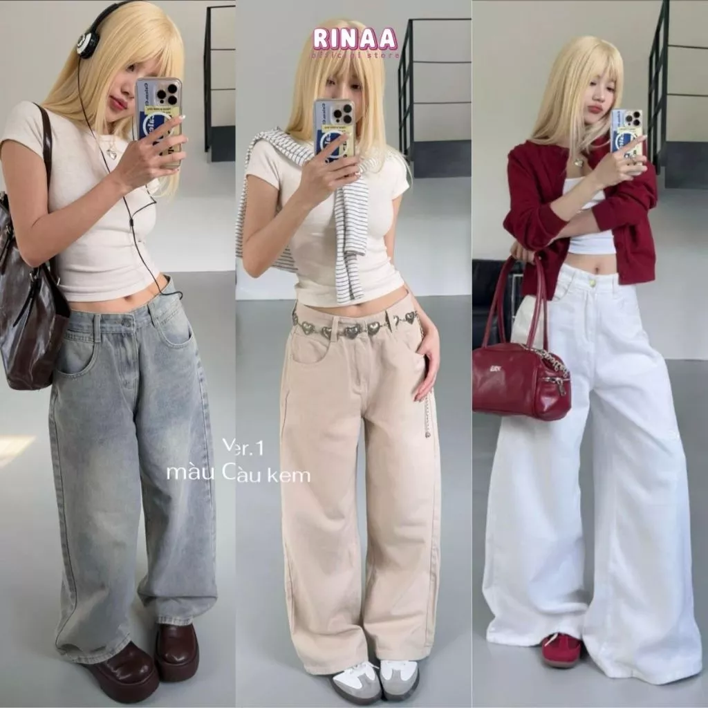 [MỞ BÁN]Quần Jean Màu Be Ống Rộng 33cm RINAA Chất Jean Mềm, Quần Suông Nữ Cạp Cao Trẻ Trung