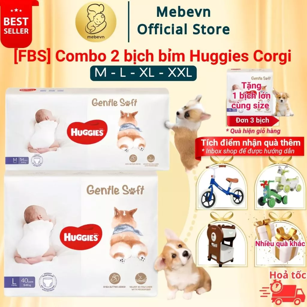 [FBS] Combo 2 bịch Tã / Bỉm Huggies Corgi cao cấp, Bỉm Huggies Organic, mềm mỏng & thấm hút tốt