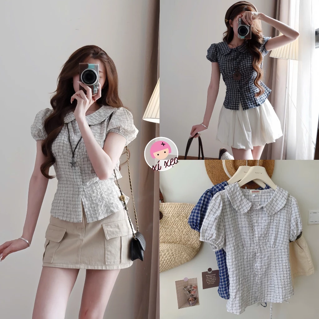 Áo Babydoll Kẻ Caro Cổ Sen Tay Bồng  xixeoshop - A229