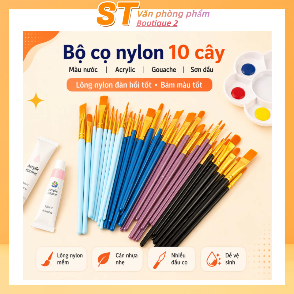 Bộ 10 cọ vẽ nylon cán ngắn chuyên dụng cho màu nước, màu bột, màu dầu, acrylic, dành cho học sinh mỹ thuật
