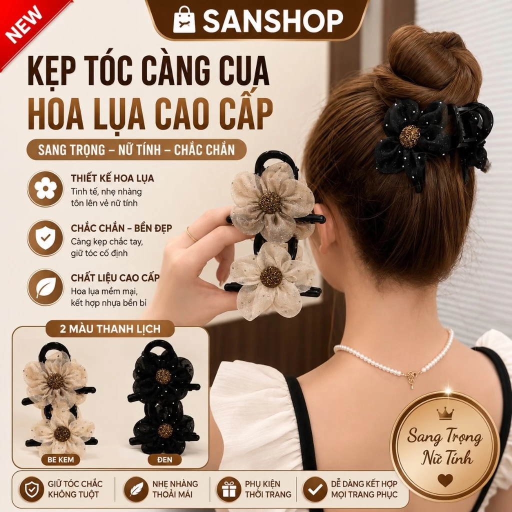 Kẹp Tóc Cá Mập Hoa Gạc Cao Cấp Cặp Càng Cua Đính Đá Kim Cương Lấp Lánh Sang Chảnh Sanshop