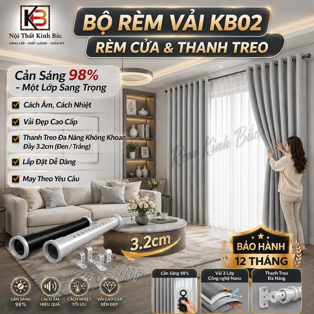 ComBo Rèm Cửa KB02 & Thanh Treo rèm đa năng- Bộ Rèm vải theo size cao cấp dày đẹp che nắng