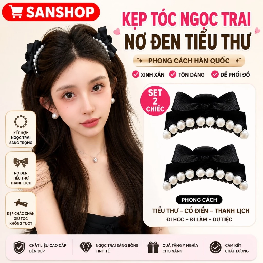 Kẹp Tóc Càng Cua Nơ Đen Đính Ngọc Trai Phồng Cao Cấp Phong Cách Tiểu Thư Hàn Quốc Sanshop
