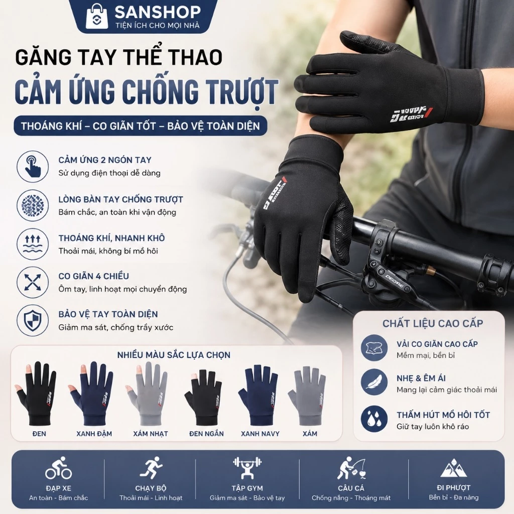 Găng Tay Hở Ngón Sport Chống Nắng Sử Dụng Điện Thoại Tiện Lợi Đi Phượt Grab Ngắn Sanshop
