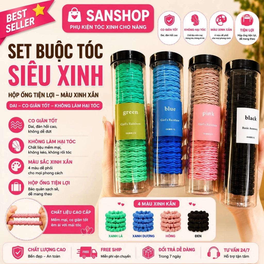 Set 20 Dây Buộc Tóc Siêu Co Giãn Chun Mix Màu Đựng Trong Hũ Cao Cấp Tiện Lợi Sanshop