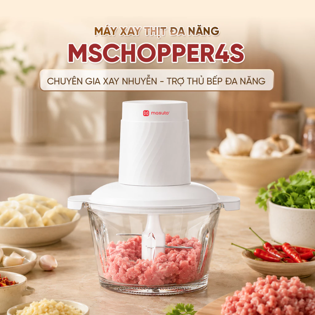[VHL x Masuto] Siêu Máy Xay Thịt Đa Năng Masuto cối thủy tinh xay thịt, xay gia vị siêu nhanh, tặng Lưỡi dao đánh ruốc