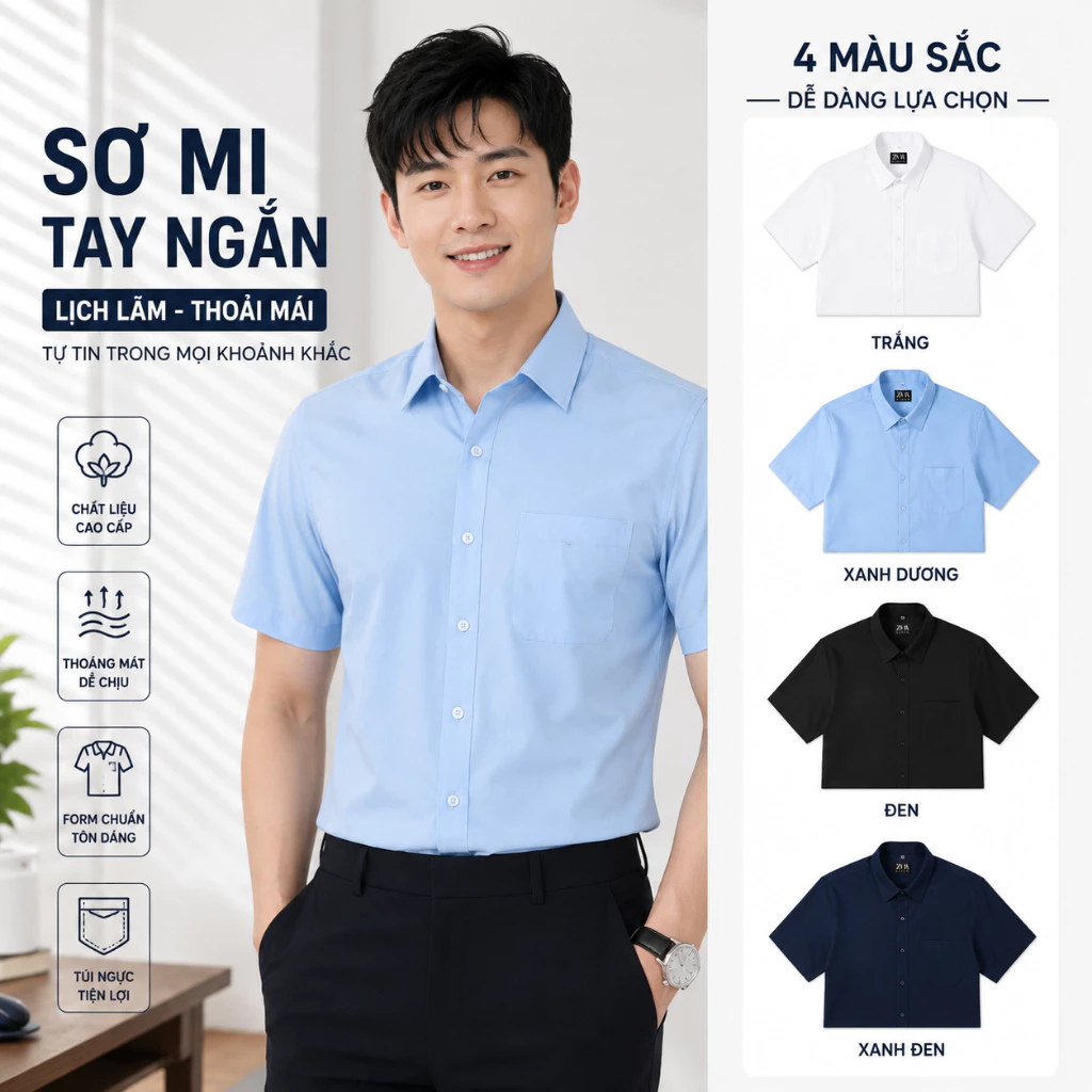 Áo Sơ Mi Nam Ngắn Tay GEN ALPHA - Áo Sơ Mi Tay Ngắn Cổ Bẻ Vải Lụa Thái Cotton Mềm Mịn Thấm Hút Tốt