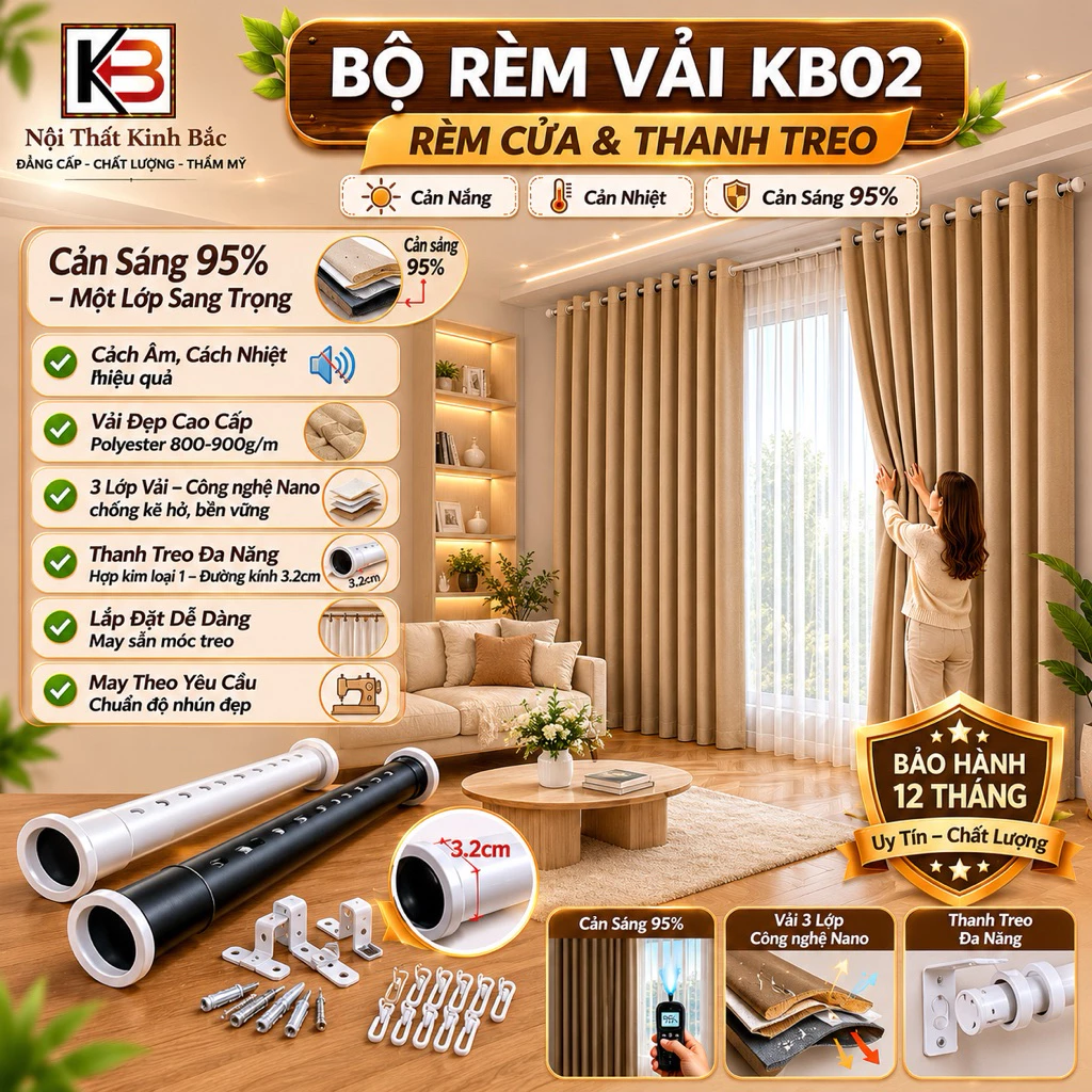 [ BỘ RÈM CỬA KB02 ] Combo Rèm & Thanh Treo Tự Lắp - Rèm cản nắng cản nhiệt