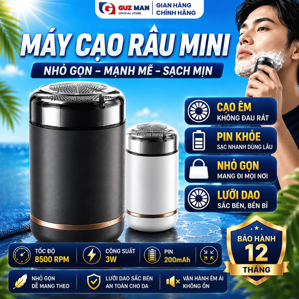 Máy Cạo Râu Mini Bỏ Túi, Thiết Kế Nhỏ Gọn Sạc Pin, 3 Lưỡi Sắc Cạo Nhanh An Toàn Không Lo Trầy Xước