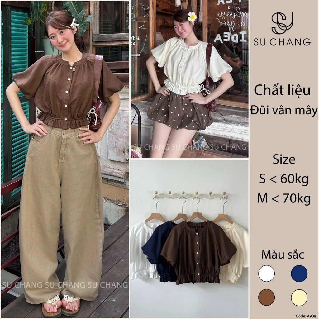 Áo Sơ Mi Cộc Tay Dáng Croptop Tay Bồng Chun Dưới M1212 KENCO Thời Trang Nữ
