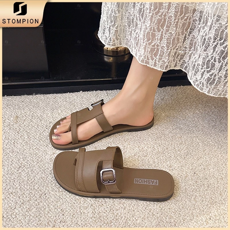 STOMPION Dép nữ quai ngang phối khóa thời trang phong cách Hàn Quốc 3 màu basic cực đẹp, mang nhẹ chân đi chơi