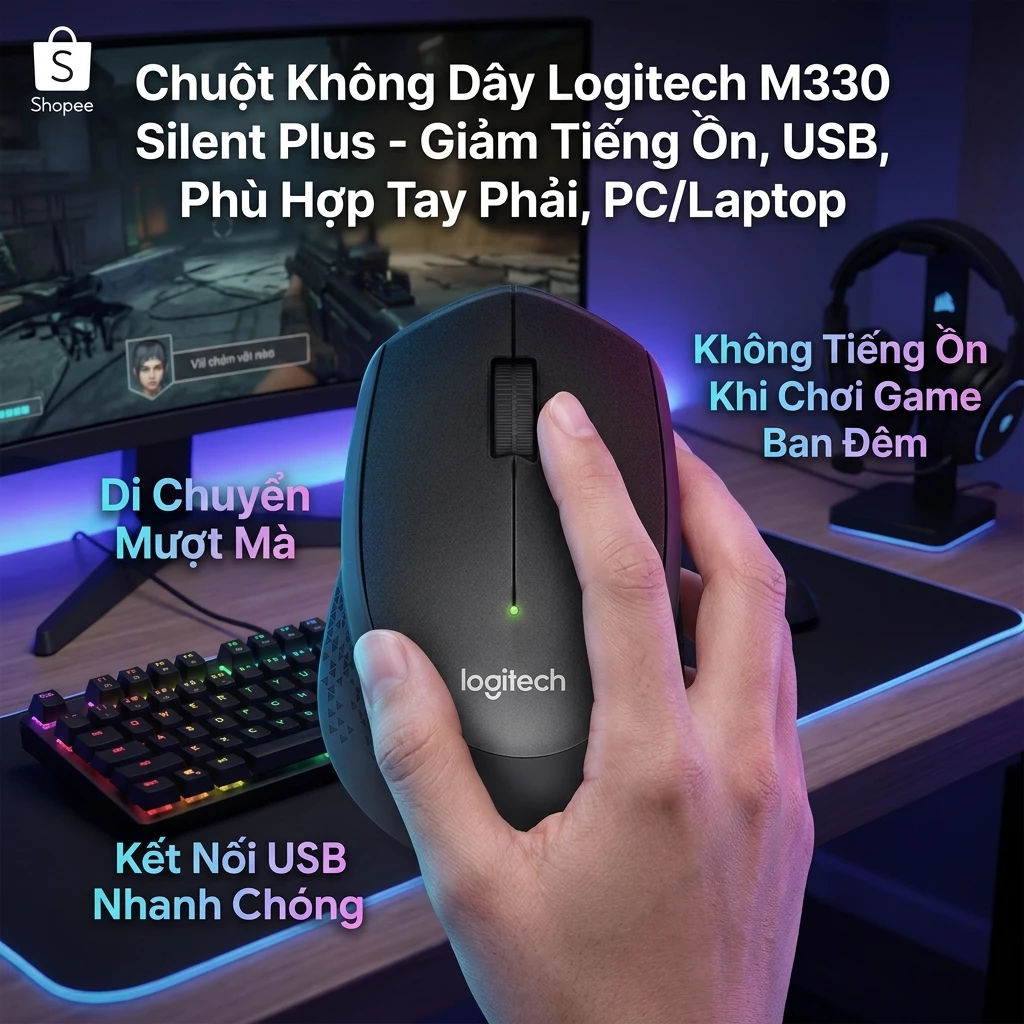 Chuột Logitech M330 Silent Plus Không Dây – Thiết Kế Công Thái Học, Pin Lâu Dài