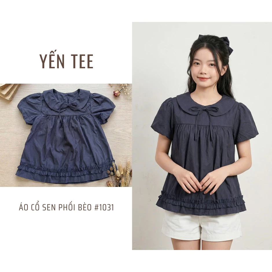 Áo sơ mi bí cổ sen tay bồng có thắt nơ phối gấu bèo, dễ phối đồ đi học, đi chơi Yến Tee #1031