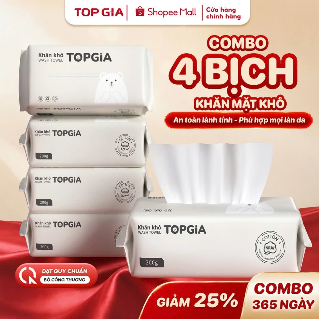 Combo 4 Bịch Khăn mặt khô đa năng Top Gia, khăn lau mặt dùng 1 lần an toàn cho da (65 tờ/bịch)