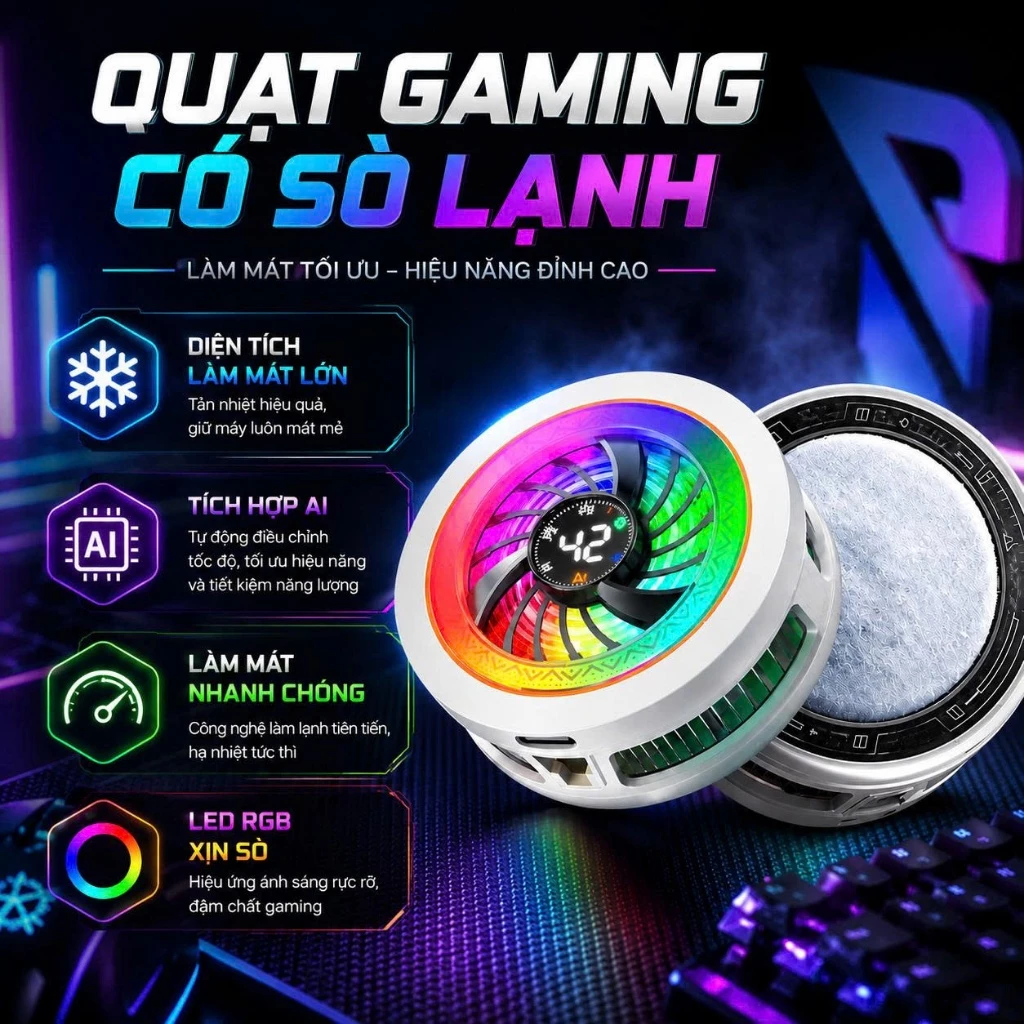 Quạt tản nhiệt mini K6 có sò lạnh cho điện thoại livestream, chơi game,có lưới bảo vệ, chất liệu nhựa