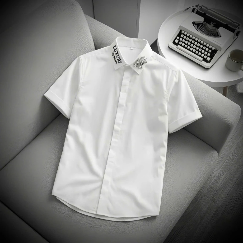 Áo sơ mi giấu khuy tay dài,tay ngắn thêu cổ đinh ngựa chất vải dày dặn form đứng Boy phố Kate Shirt