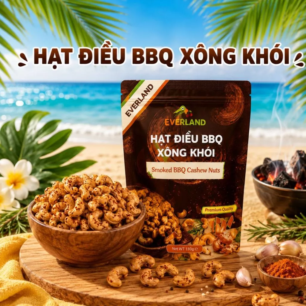 Hạt Điều BBQ Xông Khói Everland 110g, Hạt Điều Rang Giòn Vị BBQ Smoky Đậm Đà Snack Healthy Cao Cấp