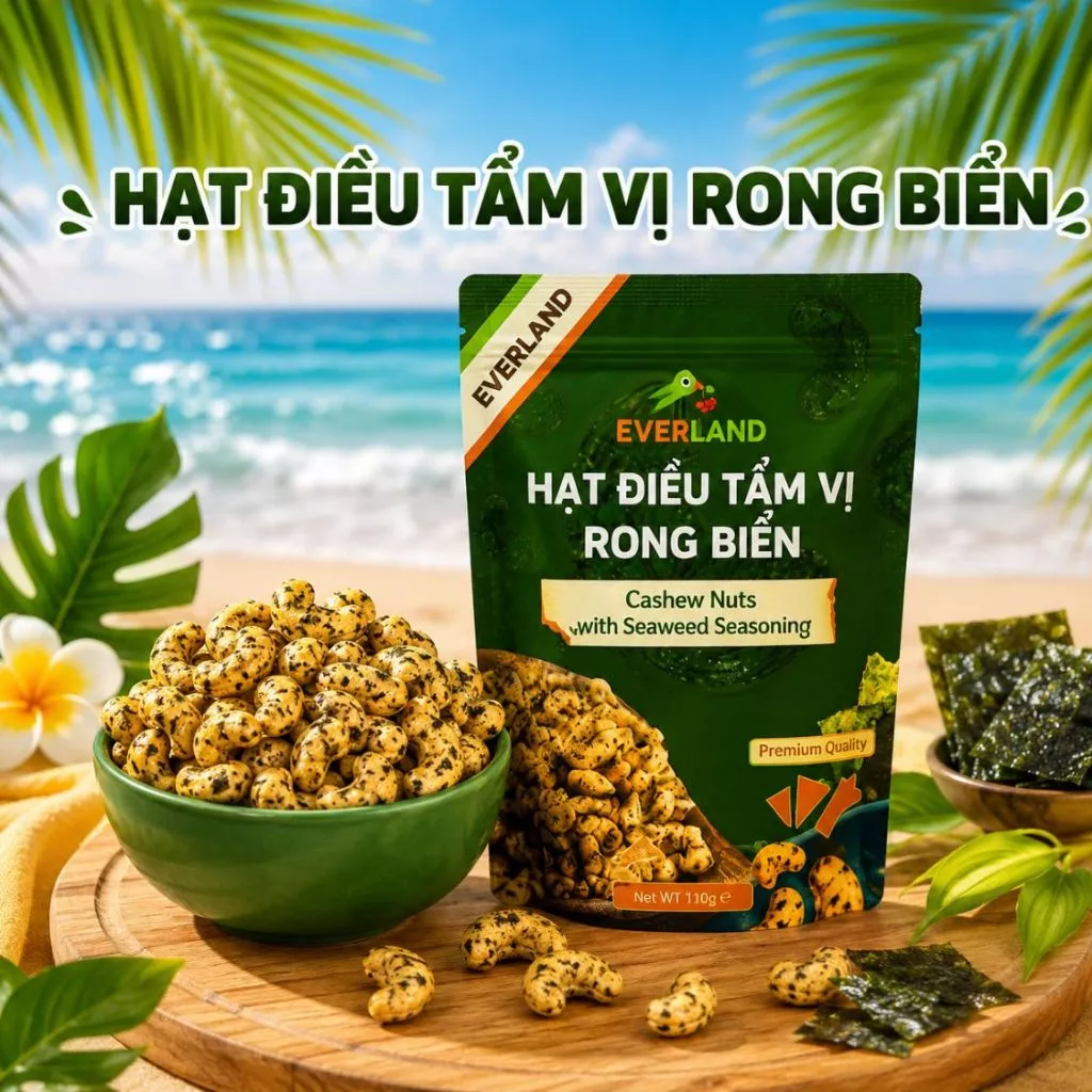 Hạt Điều Rong Biển Everland 110g, Hạt Điều Rang Giòn Tẩm Vị Rong Biển Snack Healthy Ăn Vặt Dinh Dưỡng