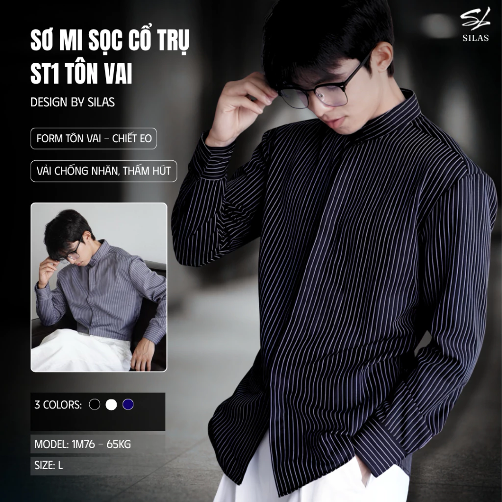 (Form Tôn Vai) Áo Sơ Mi SILAS Sọc Cổ Trụ ST1 Cotton Chéo Nam Giấu Cúc Thoáng Mát Form Rộng - ASL52