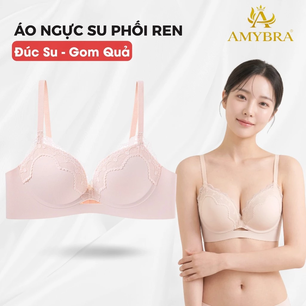 [ Deal Hời ] Áo Ngực Su Phối Ren Mềm Mại Quyến Rũ, Áo Lót Nữ Không Gọng Mút Vừa AMYBRA A5482
