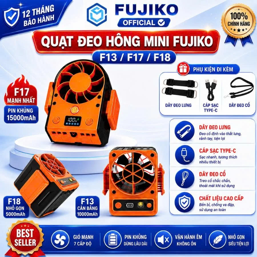 [BẢN NEW 2026] Quạt Đeo Thắt Lưng FUJIKO F17/F13/F18/F23: Quạt Điều Hòa Mini Pin Khủng Gió Phản Lực Mạnh