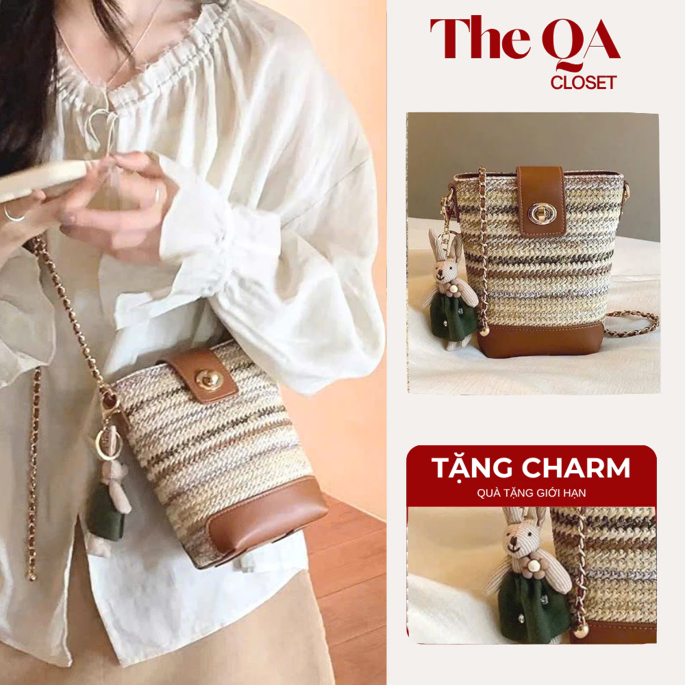 Túi Cói Đeo Chéo Nữ Vintage Phối Da Khóa Xoay Hàn Quốc Túi Xách Mini Đi Chơi Cực Xinh