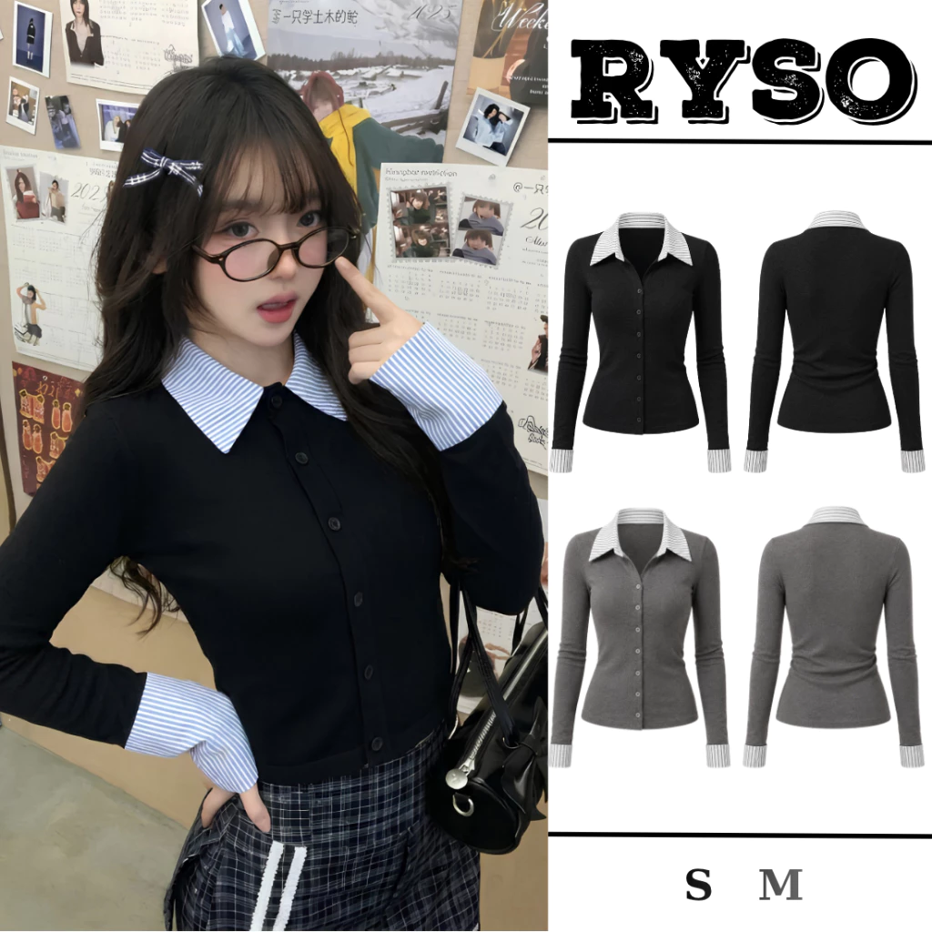 Áo Dài Tay Cổ Sơ Mi Nữ Chất Thun Gân Tăm 2 Màu Form Ôm Body Phối Tay Kẻ Sọc TD12 RYSO STORE