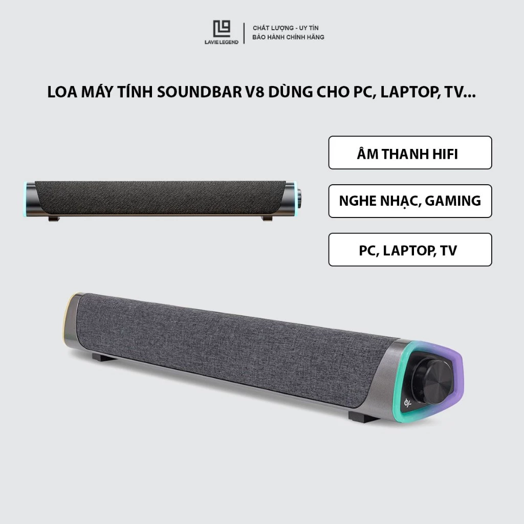 Loa Bluetooth Có Dây Soundbar V8 Lavie Legend, Loa Máy Tính Âm Thanh HIFI, LED RGB, Màng Vải Cao Cấp, Dùng Cho PC Laptop