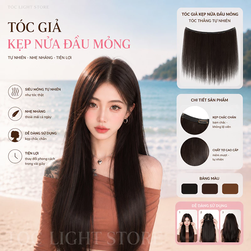 Tóc giả kẹp thẳng mỏng MẪU MỚI làm dày tóc- Tóc giả kẹp phím 6 tép mỏng đeo không nặng đầu 10481