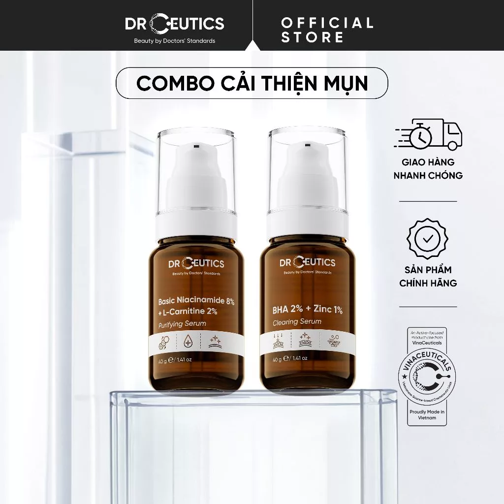 DRCEUTICS Chu Trình Cải Thiện Mụn Tối Giản BHA 2%+ Zinc 1% 40g+ Basic Niacinamide 8%+ L-Carnitine 2% Purifying Serum 40g