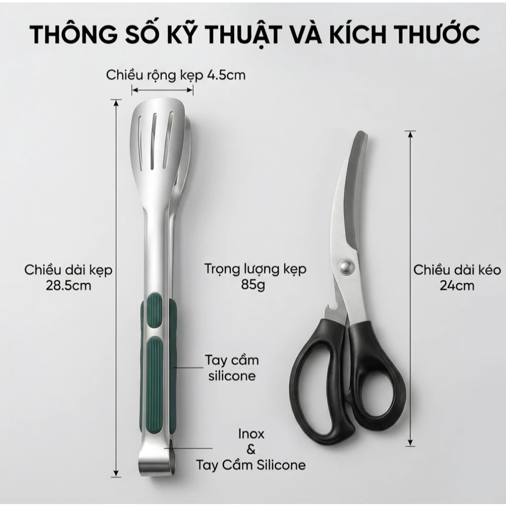 COMBO Kéo Cắt + Kẹp Thịt Nướng Thức Ăn Hàn Quốc