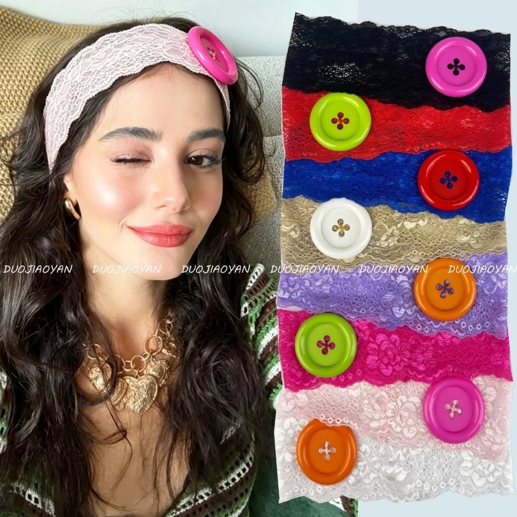 Băng Đô Ren Vintage Đính Cúc To Phong Cách Y2K Cute Dễ Thương