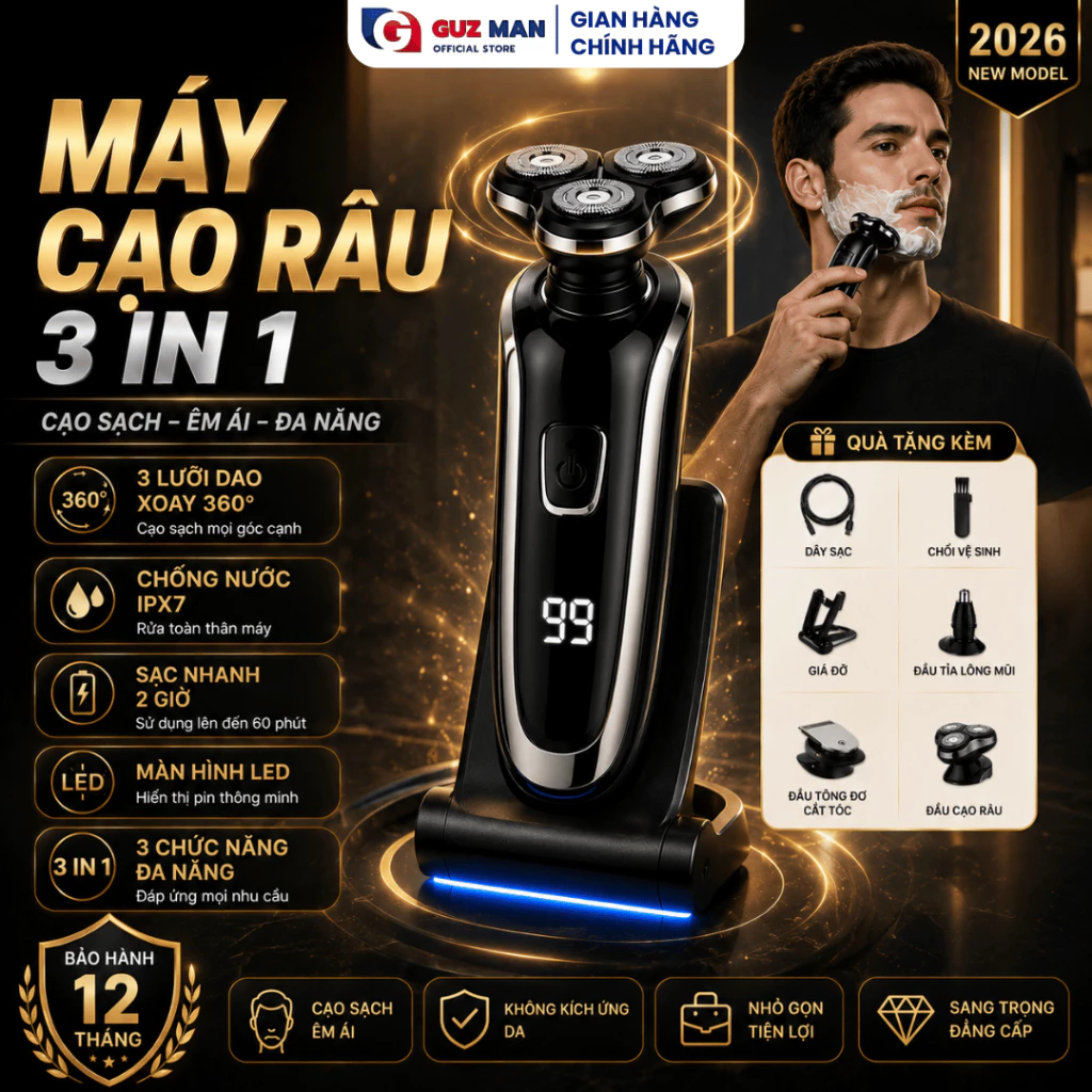 Máy Cạo Râu Đa Năng 3 in 1,Máy Cạo Râu Cầm Tay, Máy tỉa lông mũi, Công nghệ mới 4D chống nước IPX7