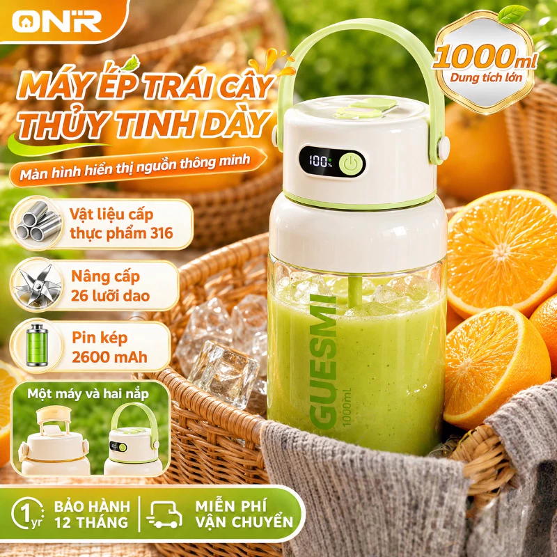 Máy Xay Sinh Tố Cầm Tay 700/1000ML, 26 Lưỡi Dao, Xay Đá, Pin 2600mAh, Mẫu Mới, Mua Tặng Cốc