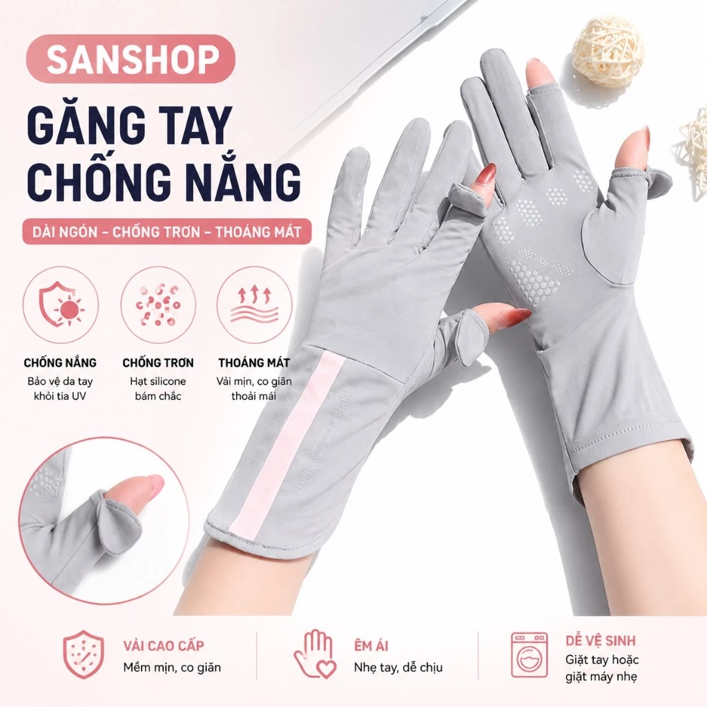 Găng Tay Chống Tia UV Chống Nắng Hở Ngón Chống Trượt Bao Kín Tay Thoáng Khí Lái Xe Nam Nữ