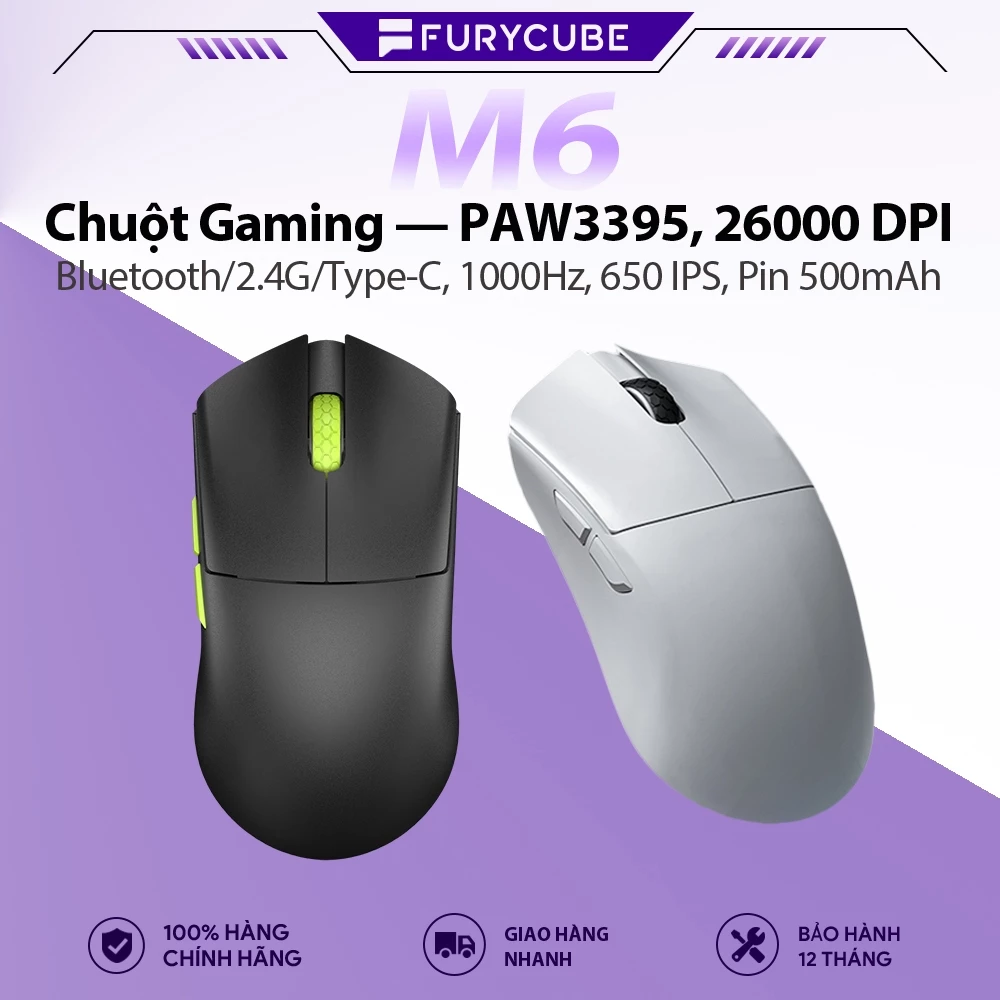 Chuột Gaming PAW3395 ZIFRIEND M6 – Wireless 3 Mode, 26000 DPI, Tracking Siêu Mượt, Pin 500mAh