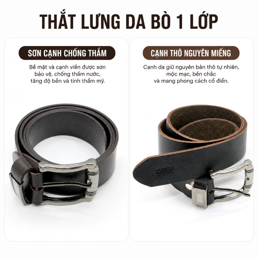 Thắt Lưng Nam Da Bò Thật 1 Lớp Kim Cài Cắt Nguyên Miếng ANDROMEDA Sơn Cạnh Và Cạnh Thô Độ Bền 10 Năm