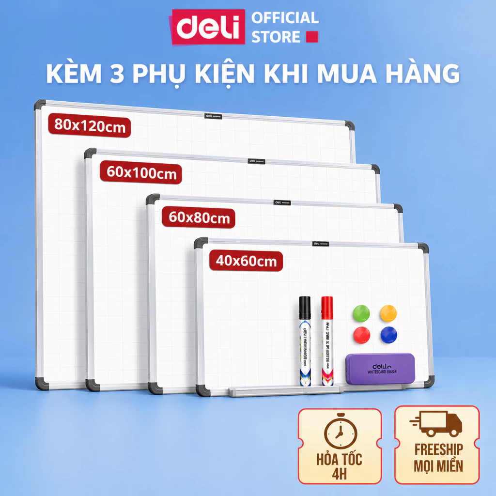[SVIP] Bảng Từ Trắng Có Kẻ Ô Treo Viết Bút Lông Deli Bảng Mica Nam Châm Kèm Khay Đựng Học Sinh