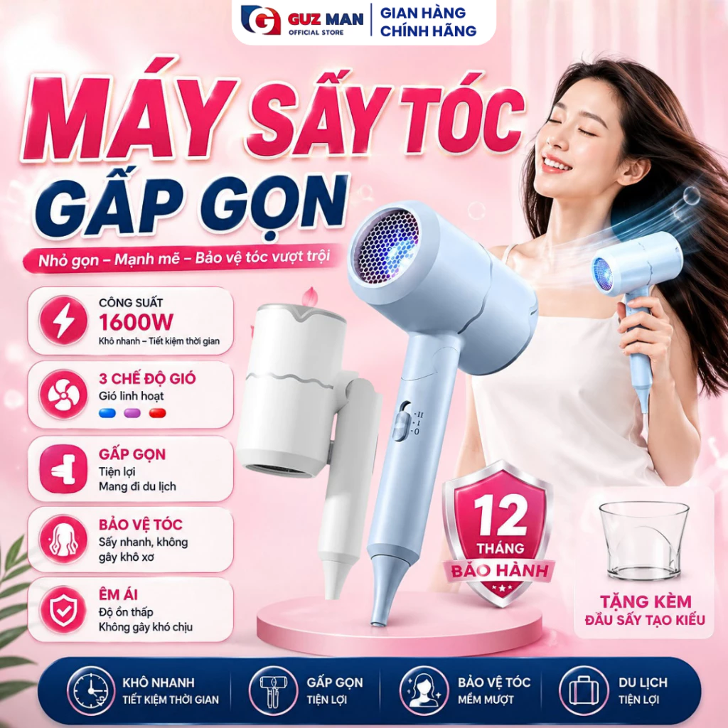 Máy Sấy Tóc Gấp Gọn 1600W 2 Chiều Nóng Lạnh, 3 Chế Độ Nhiệt, Đa Năng Chăm Sóc  Và Bảo Vệ Tóc
