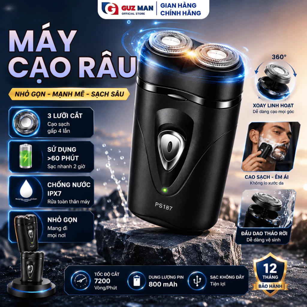 Máy Cạo Râu Mini Bỏ Túi Đa Năng, 3 Lưỡi Dao Tự Mài, Chống nước IPX7 An Toàn Không Trầy Xước Cho Da