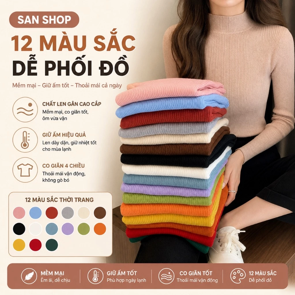 Áo Len Nữ Body Cổ 3 Phân Giữ Nhiệt Ôm Dáng Chất Co Giãn Mềm Mịn Nhiều Màu Sanshop
