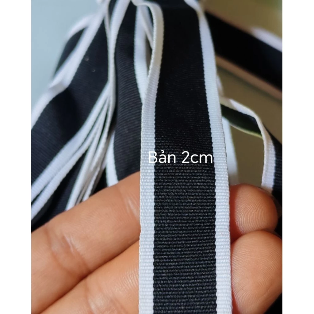 dây viền màu đen sọc trắng bản 2cm viền trang trí quần áo, balo, túi xách