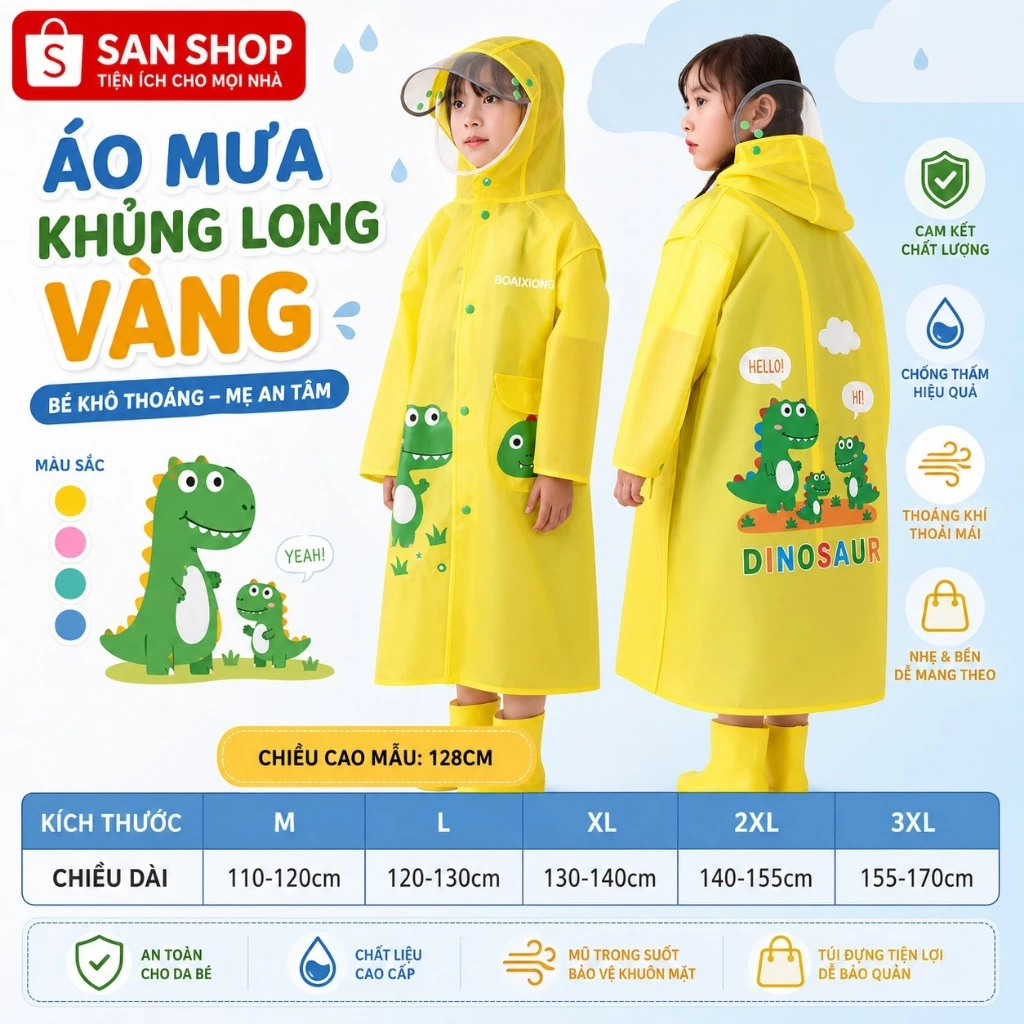 Áo Mưa Trẻ Em Cao Cấp Hình Hoạt Có Tấm Chắn Đeo Balo Phản Quang An Toàn Sanshop