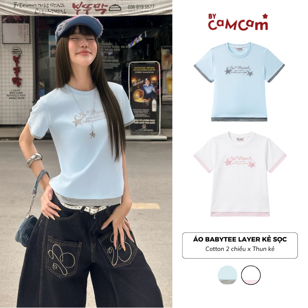 Áo Babytee Layered Kẻ Sọc 𝑩𝒚𝒄𝒂𝒎𝒄𝒂𝒎 Áo Thun Cotton Chữ Thêu Trendy Nữ Tính ABN522