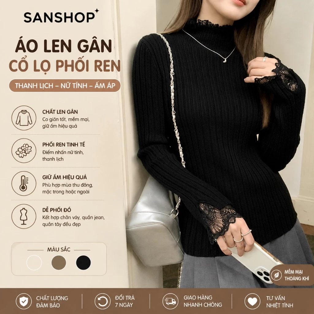 Áo Len Nữ Cổ Cao Phối Ren Cấp Gân Tăm Tay Xòe Tiểu Thư Freesize Co Giãn Sanshop