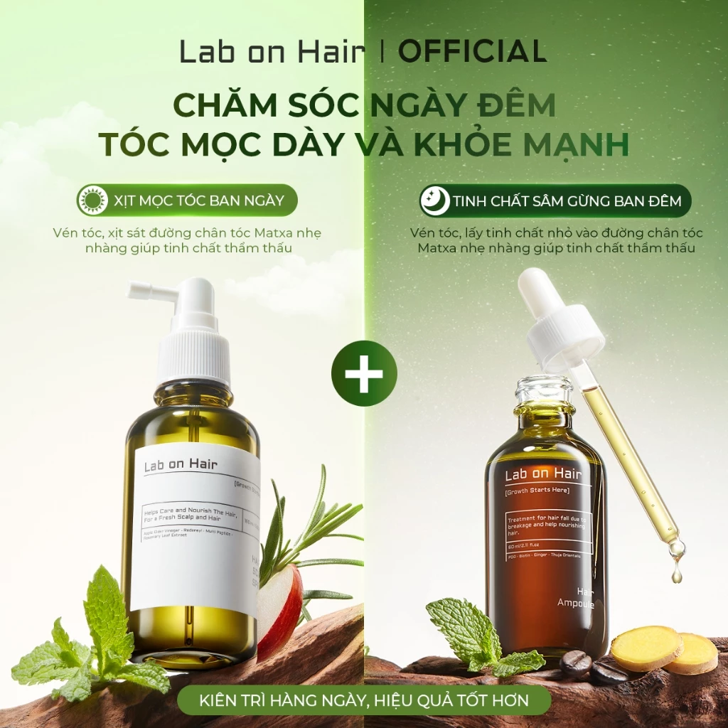 Combo xịt mọc tóc + tinh chất sâm gừng Lab on Hair giảm gẫy rụng tóc 160ml+60ml dưỡng tóc