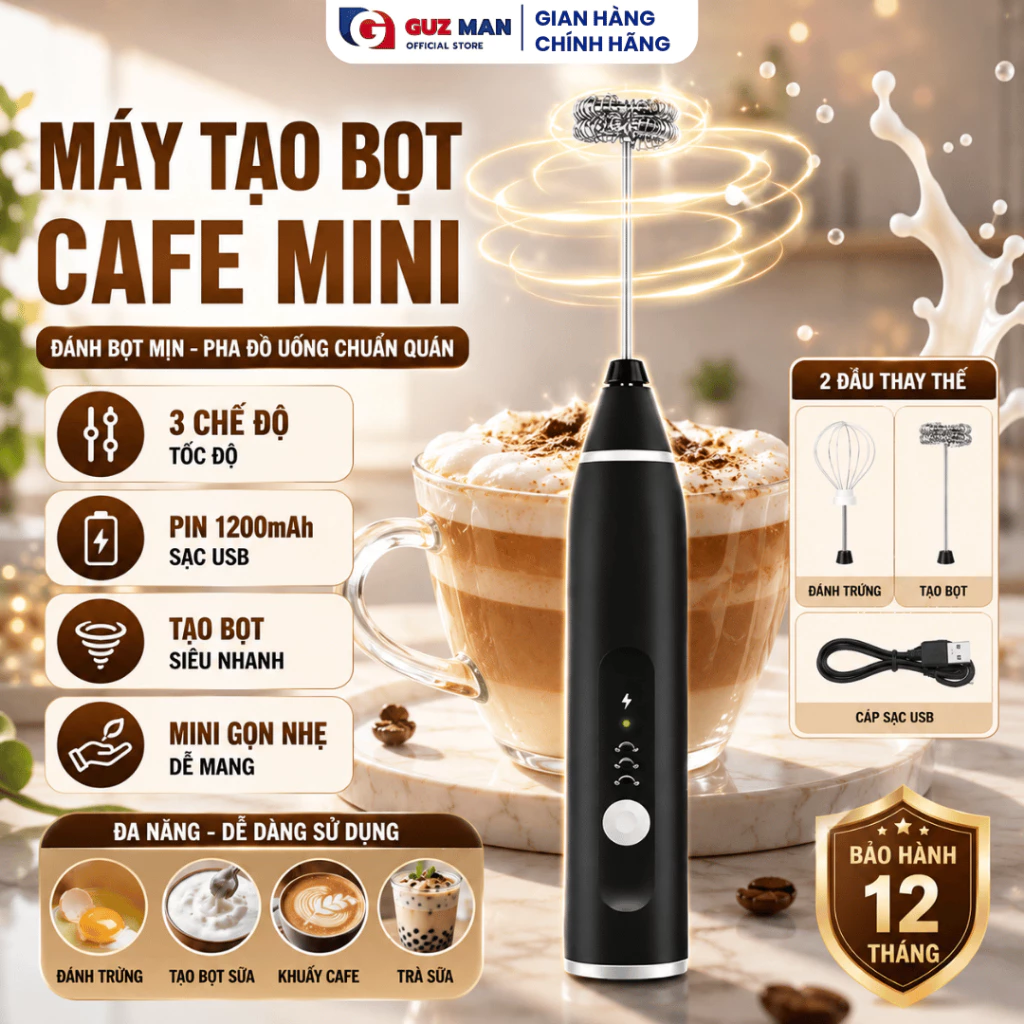 Máy Tạo Bọt Cà Phê 3 tốc độ quay, Thiết Kế Nhỏ Gọn Sử Dụng Pin Sạc Tặng Kèm 2 Đầu Tạo Bọt Tiện Lợi