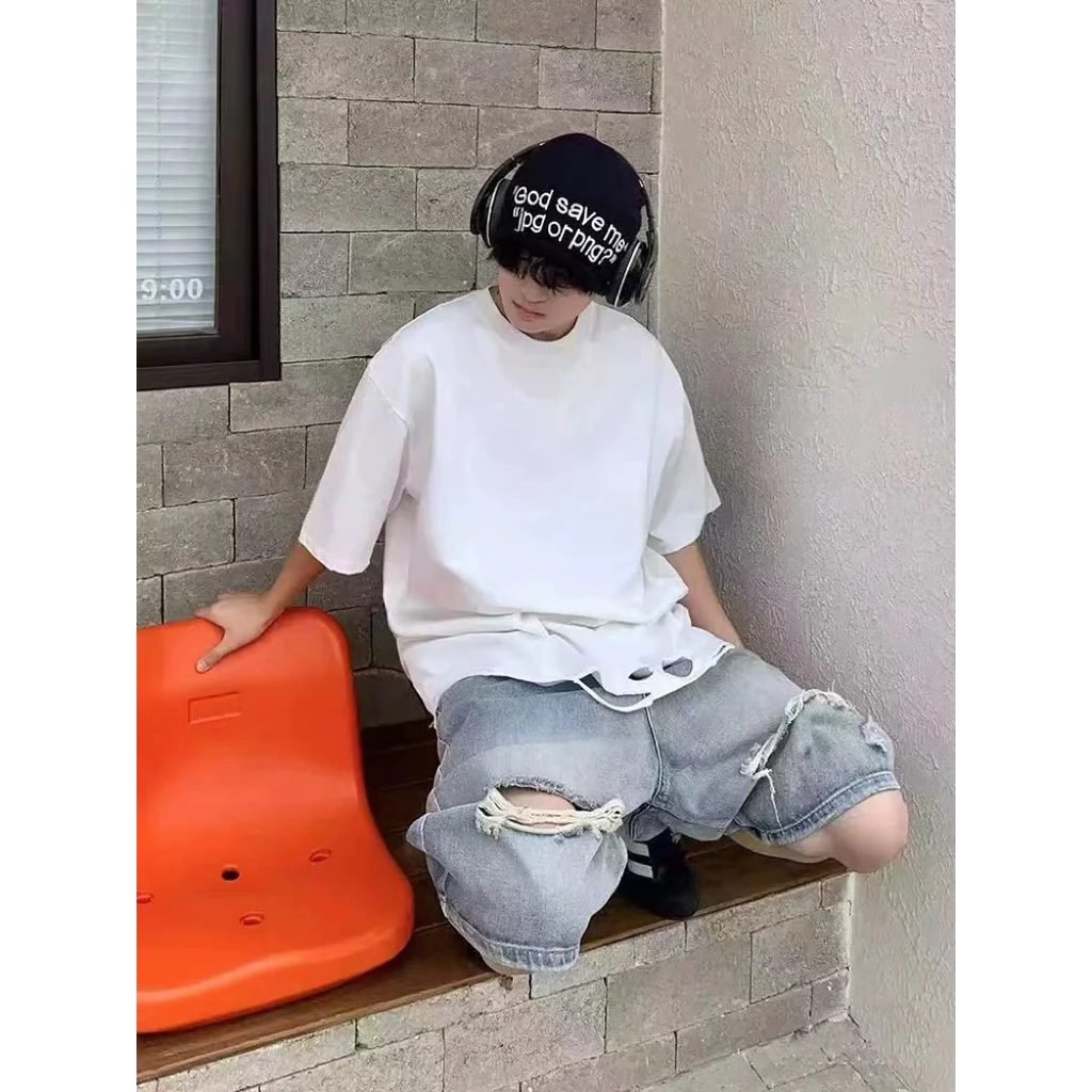 Áo thun overtee [cotton] kiểu rách Unisex cho Nam