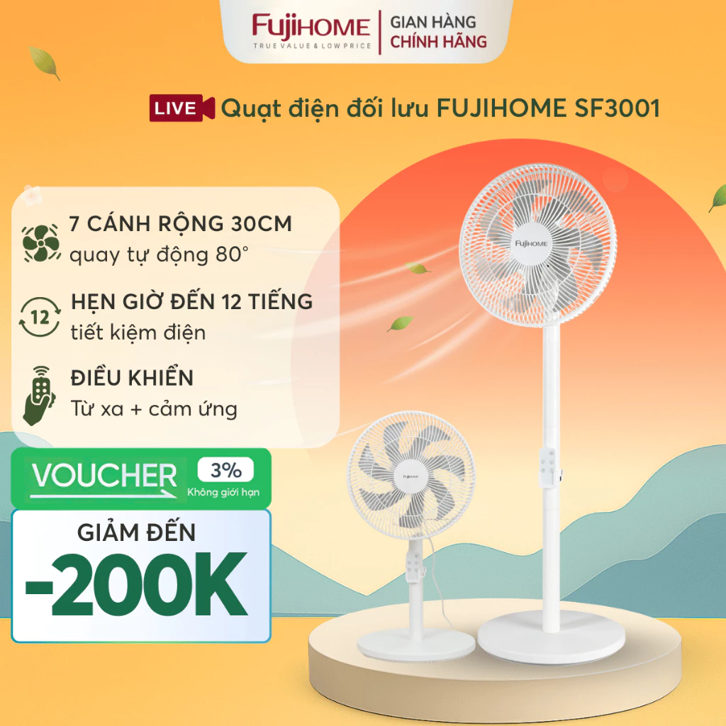 Quạt Cây FUJIHOME SF3001 Điều Khiển Từ Xa, Quạt Điện Đứng Gió Mạnh Hẹn Giờ Màn LED Tiết Kiệm Điện